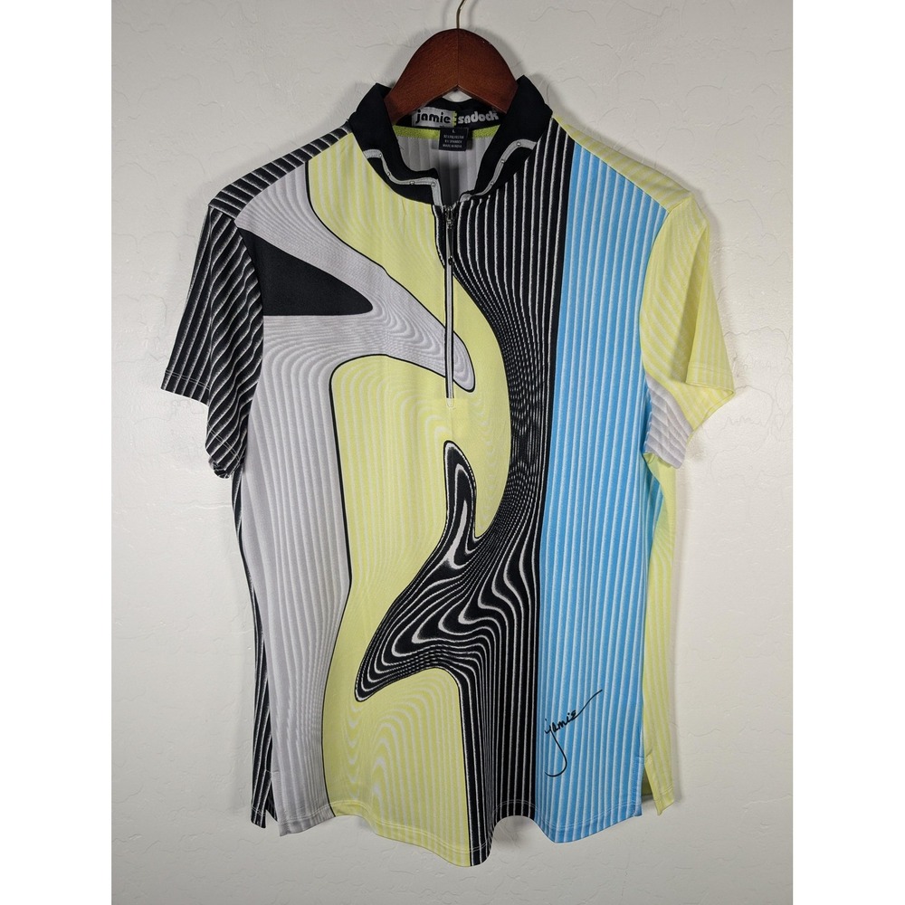 Jamie Sadock Shirt‎ Womens Large Yellow Blue Zip Mock Neck Golf Abstract